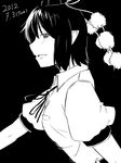  black_background black_hair dated greyscale hat kawashina_(momen_silicon) looking_at_viewer monochrome pointy_ears profile ribbon shameimaru_aya short_hair simple_background smile solo tokin_hat touhou 