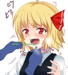  1girl ahoge blonde_hair blush brushing_teeth disembodied_limb hair_ribbon open_mouth red_eyes ribbon rumia short_hair simple_background solo touhou white_background yabu_q 