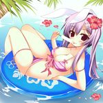  animal_ears arm_support back bikini blush breasts bunny_ears bunny_hair_ornament cleavage flower food front-tie_top hair_flower hair_ornament hairpin hibiscus holding innertube kusano_(torisukerabasu) large_breasts long_hair looking looking_at_viewer partially_submerged petals pink_bikini popsicle purple_hair red_eyes reisen_udongein_inaba sitting solo strap_gap striped striped_bikini swimsuit thigh_gap tongue touhou water 