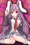  animal_ears bad_id bad_pixiv_id blazer breasts bunny_ears crescent highres jacket long_hair medium_breasts necktie open_mouth purple_hair red_eyes red_neckwear reisen_udongein_inaba sitting skirt socks solo takanoru touhou wariza white_legwear 