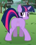  anus butt english_text equine female feral friendship_is_magic hair horn horse long_hair looking_at_viewer looking_back mammal moob moob12 multi-colored_hair my_little_pony pony presenting purple_eyes purple_hair pussy solo text twilight_sparkle_(mlp) unicorn 