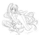  breasts greyscale hatsune_miku highres lineart long_hair looking_at_viewer medium_breasts monochrome one_eye_closed sei000 skirt smile solo very_long_hair vocaloid 