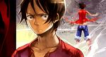  1boy black_hair dual_persona male male_focus monkey_d_luffy one_piece open_clothes open_shirt red_shirt red_vest scar shirt solo text 