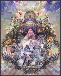  1girl absurdres androgynous bad_id bad_pixiv_id building candle chandelier cloud copyright_name deer flower highres horns lamp nishihara_isao pixiv_fantasia pixiv_fantasia_sword_regalia profile purple_eyes purple_hair riding sitting spider_lily star_(sky) veil wreath 