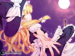  beckoning blonde_hair bow full_moon hat hat_bow kirisame_marisa long_hair looking_at_viewer looking_back moon outstretched_arm outstretched_hand smile solo sparkle ton_nuramaro touhou white_bow witch_hat yellow_eyes 