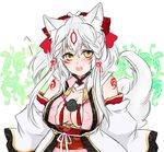  amaterasu animal_ears bodypaint bow braid breasts center_opening cleavage detached_sleeves grey_hair hair_bow hair_tubes jewelry large_breasts long_hair necklace ookami_(game) open_mouth personification shinzui_(fantasysky7) sidelocks solo tail twin_braids wolf_ears wolf_tail yellow_eyes 