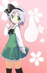  bad_id bad_pixiv_id black_legwear cherry_blossoms d-style finger_to_chin green_eyes hair_ribbon head_tilt highres kneehighs konpaku_youmu konpaku_youmu_(ghost) lavender_hair long_sleeves looking_at_viewer pink_background ribbon short_hair skirt smile solo thighhighs touhou vest 