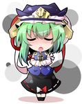  :o armband bow buttons chibi closed_eyes dress_shirt green_hair hands_together hat hat_ribbon highres hiro_(pqtks113) long_sleeves open_mouth own_hands_together ribbon rod_of_remorse shiki_eiki shirt short_hair skirt solo touhou vest white_background 
