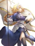  armor armored_dress banner black_bow black_legwear blonde_hair blue_dress blue_eyes bow braid braided_ponytail breasts dress fate/apocrypha fate_(series) faulds floating_hair gauntlets hair_bow headpiece holding jeanne_d'arc_(fate) jeanne_d'arc_(fate)_(all) large_breasts long_dress long_hair saihate_(d3) simple_background single_braid solo standing thighhighs very_long_hair white_background 