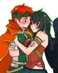  1girl :o arm_strap bare_shoulders black_hair black_wings blush breast_press cape fingerless_gloves fire_emblem fire_emblem:_akatsuki_no_megami genderswap gloves green_eyes headband hiichi hug long_hair lowres red_eyes red_hair sweatdrop tormod vika wings 