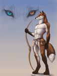  bow bow_(weapon) canine fox heterochromia hibbary male mammal markings nude ranged_weapon socks_(marking) solo standing weapon 
