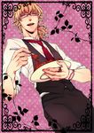  alternate_hairstyle barnaby_brooks_jr blonde_hair curly_hair food fork glasses jewelry k-996 male_focus necktie pasta ponytail ring solo spaghetti tiger_&amp;_bunny vest waistcoat waiter yellow_eyes 
