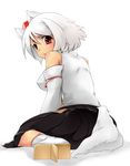  animal_ears bare_shoulders blush breasts detached_sleeves hat highres inubashiri_momiji large_breasts looking_at_viewer looking_back red_eyes shirt short_hair silver_hair sitting skirt solo sorato_jun sweat tail tokin_hat touhou wolf_ears wolf_tail 
