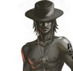  1boy beads freckles hat jewelry jolly_roger male male_focus monochrome muscle necklace one_piece portgas_d_ace simple_background solo stampede_string tattoo topless white_background 