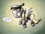  amber_eyes armor blonde_hair cardboard derpy_hooves_(mlp) english_text equine female feral fongsaunder friendship_is_magic frying_pan gradient_background hair horse knee_pad knee_pads mammal my_little_pony pan pegasus pony solo text wings 