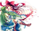  anthiea bad_id bad_pixiv_id black_hair blush bow cross-laced_footwear detached_sleeves frog_hair_ornament green_hair hair_bow hair_ornament hair_tubes hakurei_reimu highres kochiya_sanae long_hair multiple_girls one_eye_closed petals revision snake_hair_ornament touhou white_background wide_sleeves yellow_eyes 