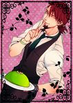  alternate_hairstyle barnaby_brooks_jr bracelet brown_hair finger_to_mouth jelly jewelry k-996 kaburagi_t_kotetsu male_focus necktie one_eye_closed solo tiger_&amp;_bunny vest waistcoat waiter watch wristwatch 