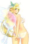  1girl absurdres arms_behind_back ass bangs bikini blonde_hair blush breasts butt_crack butterfly_hair_ornament butterfly_wings elf elwing_ra-nah_sylphith feathers fingernails from_behind hair_ornament highres looking_at_viewer looking_back medium_breasts parted_lips pointy_ears scan shining_(series) shining_tears shiny shiny_hair side-tie_bikini sideboob simple_background smile sol swimsuit tanaka_takayuki thighs underboob white_bikini wings 