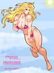  absurdres barefoot bikini blonde_hair blue_eyes breasts cleavage day dc_comics felsus highres large_breasts long_hair muscle sky solo sun supergirl swimsuit watermark web_address 