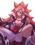  1girl amputee baiken big_hair black_footwear black_jacket breasts cleavage commentary eyepatch facial_tattoo guilty_gear guilty_gear_xrd hands_on_own_cheeks hands_on_own_face highres jacket jacket_on_shoulders japanese_clothes kataginu katana kimono large_breasts liyart looking_at_viewer multicolored multicolored_clothes multicolored_kimono obi one-eyed open_clothes open_kimono pink_hair ponytail red_eyes samurai sash scar scar_across_eye sheath sitting sword tattoo thighs weapon 