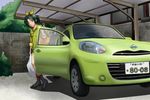  car forestss green_eyes green_hair ground_vehicle highres midorikawa_nao motor_vehicle nissan nissan_march object_namesake ponytail precure shorts smile_precure! solo spring_onion 