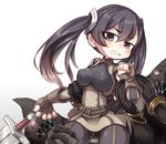  arm_grab black_eyes black_hair blush bracelet breasts clenched_teeth contrapposto corset crab_man fingerless_gloves fire_emblem fire_emblem:_kakusei gloves glowing glowing_eyes grin jewelry large_breasts leg_grab looking_at_viewer monster selena_(fire_emblem) simple_background smile standing sweat sword teeth twintails underbust weapon white_background 