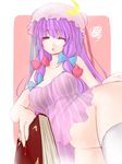  bad_id bad_pixiv_id bare_shoulders book bottomless bow breasts camisole chestnut_mouth covered_nipples curvy hat highres hsuliherng large_breasts long_hair patchouli_knowledge purple_eyes purple_hair solo squiggle strap_slip thighhighs touhou white_legwear wince 