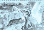  animal_ears bad_id bad_pixiv_id detached_sleeves hat highres inubashiri_momiji looking_at_viewer looking_back monochrome photo shiba_itsuki shield short_hair silver_hair sketch skirt smile solo sword tail tokin_hat touhou traditional_media tree water waterfall weapon wolf_ears wolf_tail 