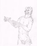  anthro black_and_white claws flaccid hyena male mammal monochrome nipples nude open_mouth penis plain_background pointing semiotica sheath solo 