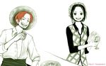  1boy 1girl bandanna bar east_blue female food glass hat makino makino_(one_piece) male one_piece open_clothes open_shirt plate red_hair shanks shirt simple_background sitting smile straw_hat towel white_background 