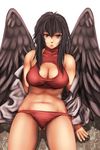  bikini black_hair black_wings breasts cleavage cleavage_cutout fire_emblem fire_emblem:_akatsuki_no_megami harihisa large_breasts long_hair open_clothes open_shirt purple_eyes shirt side-tie_bikini solo swimsuit vika wings 