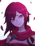  1girl cape cloak closed_mouth commentary crescent_rose face falling_petals highres liyart portrait red_cape red_scarf ruby_rose rwby scarf short_hair silver_eyes smile 