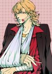  arm_sling bandages blonde_hair bruise cigarette formal injury jewelry k-996 male_focus necklace ourobunny red_eyes solo suit tiger_&amp;_bunny 