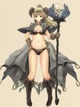  blonde_hair blue_eyes boots breasts gloves hand_on_hip horns long_hair navel original ponytail simple_background skull small_breasts smile solo staff torio_(mocd1985) 
