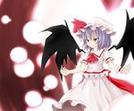  ascot frills hachimi hat hat_ribbon highres open_mouth puffy_sleeves purple_hair red_eyes remilia_scarlet ribbon short_hair short_sleeves smirk solo touhou wings 