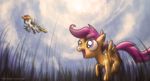  cub detailed_background equine female feral flying fongsaunder friendship_is_magic grass hair hi_res horse mammal multi-colored_hair my_little_pony open_mouth pegasus pink_eyes pony purple_eyes purple_hair rainbow_dash_(mlp) rainbow_hair scootaloo_(mlp) sky sun wings young 