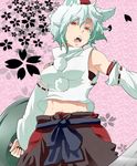  abs animal_ears bare_shoulders collaboration colorized detached_sleeves fangs hat hikimayu inubashiri_momiji looking_at_viewer midriff navel open_mouth red_eyes rururu_(athletic-meet) shield short_hair silver_hair solo somsom sword tail tokin_hat touhou weapon wolf_ears wolf_tail 