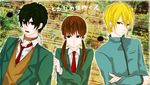  2boys bad_id bad_pixiv_id blonde_hair brown_eyes brown_hair chain collar copyright_name crossed_arms green_hair long_hair low_twintails mizutani_shizuku multiple_boys necktie school_uniform tonari_no_kaibutsu-kun twintails yamaguchi_kenji yellow_eyes yoshida_haru 