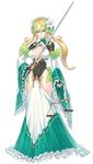  2d blonde_hair breasts bridal_gauntlets cleavage_cutout dress eliza_luminaria flower green_dress green_eyes hair_flower hair_ornament langrisser langrisser_tri-swords large_breasts long_hair looking_at_viewer non-web_source official_art rapier revealing_clothes simple_background source_request sword twintails weapon weighing_scale white_background 