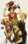  3boys black_hair blonde_hair cigarette earrings eating food goggles green_hair hair_over_one_eye hat heart highres jewelry male male_focus meat monkey_d_luffy mouth_hold multiple_boys one_piece reindeer roronoa_zoro sanji scabbard scar sheath sheathed_sword skypiea smile straw_hat sword tank_top tony_tony_chopper vest weapon 