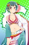  1girl aqua_hair bad_id bad_pixiv_id belt breasts cleavage grin hair_ornament hand_on_hip hand_on_thigh large_breasts midriff mokyutan red_eyes shikoku_moe_tai short_hair smile solo tosa_ryou 