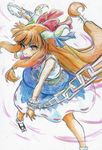  bow brown_hair chain colored_pencil_(medium) hair_bow highres horns ibuki_suika kitazinger long_hair low-tied_long_hair red_eyes skirt smile solo touhou traditional_media wrist_cuffs 