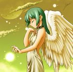  angel_wings backless_dress backless_outfit bangs bare_back bare_shoulders blush closed_eyes cloud collar dress flat_chest full_moon glowing green_hair hair_between_eyes halterneck hand_on_own_chest light long_hair looking_down moon original outdoors outstretched_arm profile signature sky solo standing tomomimi_shimon wings 