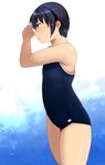  bare_shoulders black_hair blush commentary_request competition_swimsuit cowboy_shot flat_chest from_side one-piece_swimsuit original school_swimsuit short_hair simple_background solo standing swimsuit thighs wachiwo white_background 