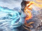  avatar_(series) bare_shoulders blue_eyes brown_hair dark_skin element_bending eyelashes fighting_stance fingernails fire hair_tubes highres korra lips long_hair ponytail signature snow solo stanley_lau the_legend_of_korra topknot vambraces wallpaper water 