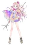 atelier_(series) atelier_meruru bare_legs blonde_hair blue_eyes blush boots bow cape crown flower full_body half_updo highres kishida_mel legs merurulince_rede_arls multicolored multicolored_cape multicolored_clothes official_art red_bow skirt solo staff white_background white_bloomers yellow_skirt 