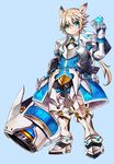  aqua_eyes armor blonde_hair blue_background boots cannon cartridge chung_seiker elsword full_body gauntlets gloves greaves hair_flaps huge_weapon long_hair m.r.e.t male_focus pants shelling_guardian_(elsword) smile solo surcoat weapon 