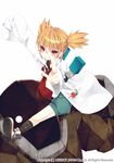  argyle bad_id bad_pixiv_id blonde_hair blush dancho_(dancyo) dehitella glasses grin labcoat necktie official_art pointing red_eyes seikon_no_el_dorado simple_background sitting sleeves_past_wrists smile socks solo twintails watermark white_background 