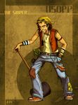  1boy bandanna character_name denim full_body goggles hammer hand_in_pocket jeans male male_focus male_only one_piece pants smile solo standing usopp 