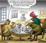  bird breakfast cannibal cannibalism chairs chicken dark_humor egg english_text hen humor picture_frame plates rooster table text unknown_artist vore window 